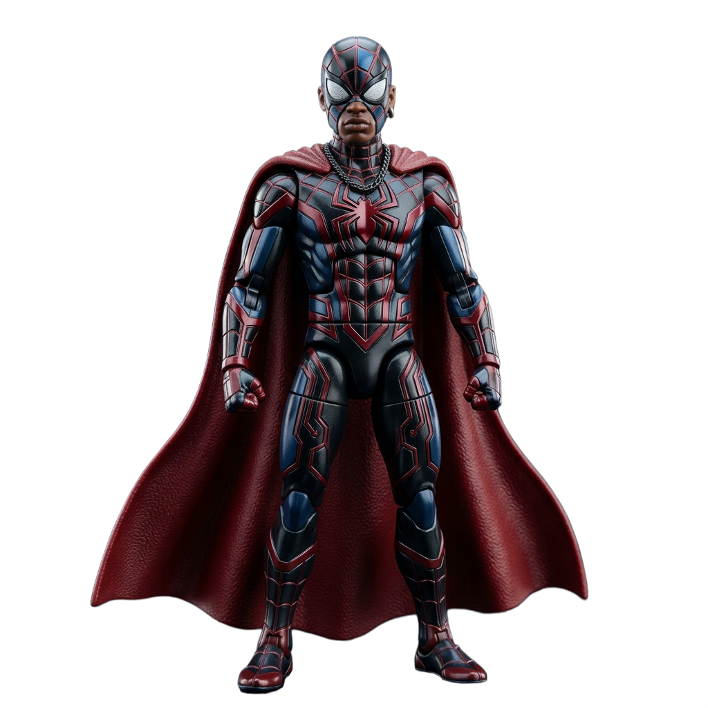 Spider-Man 2099 action figure in a red and blue suit with a flowing cape